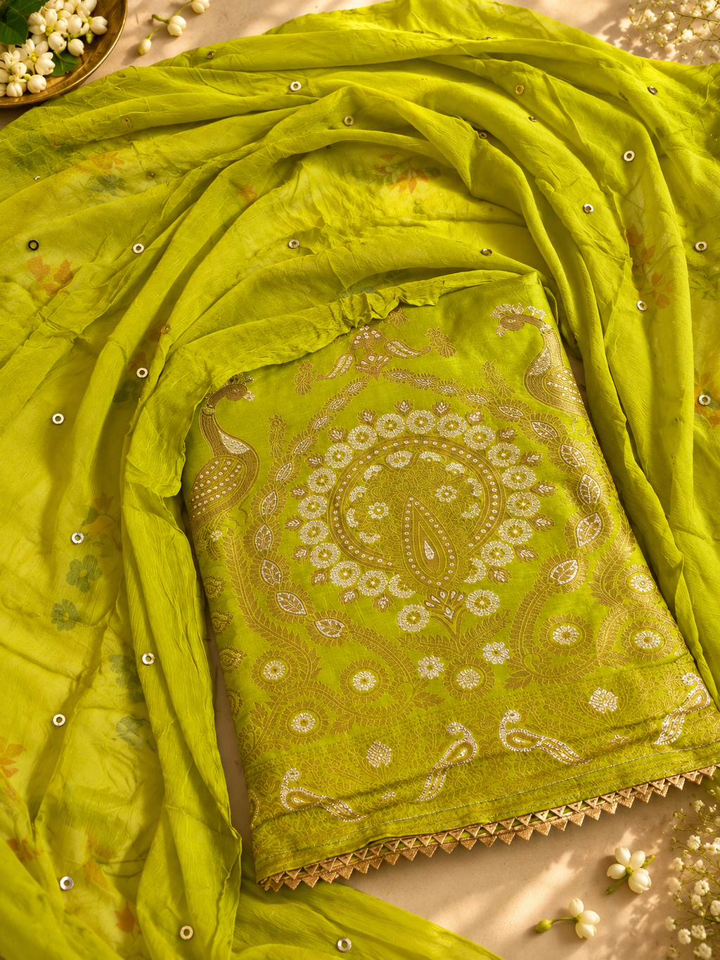Lime Green Paisley Embroidered Unstitched Suit with Sequined Dupatta