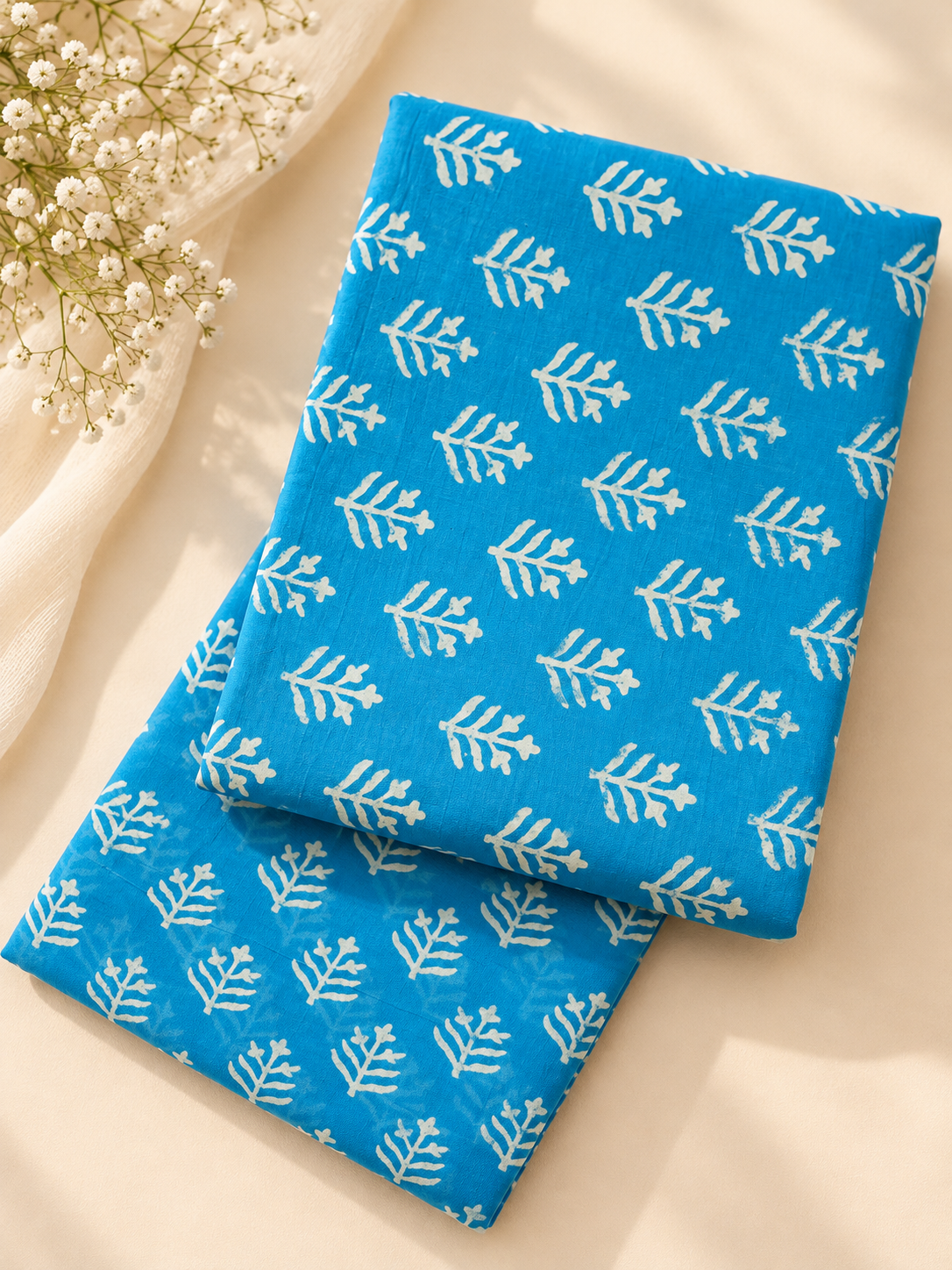Firozi Hand Block Print Cotton Unstitched Suit Set – 3 Piece