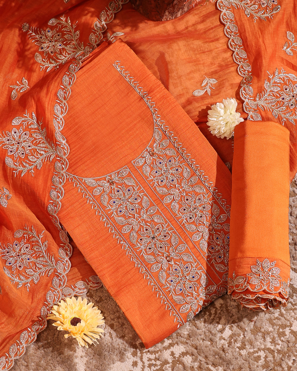 Orange Floral Embroidered Mul Cotton Unstitched Suit Set