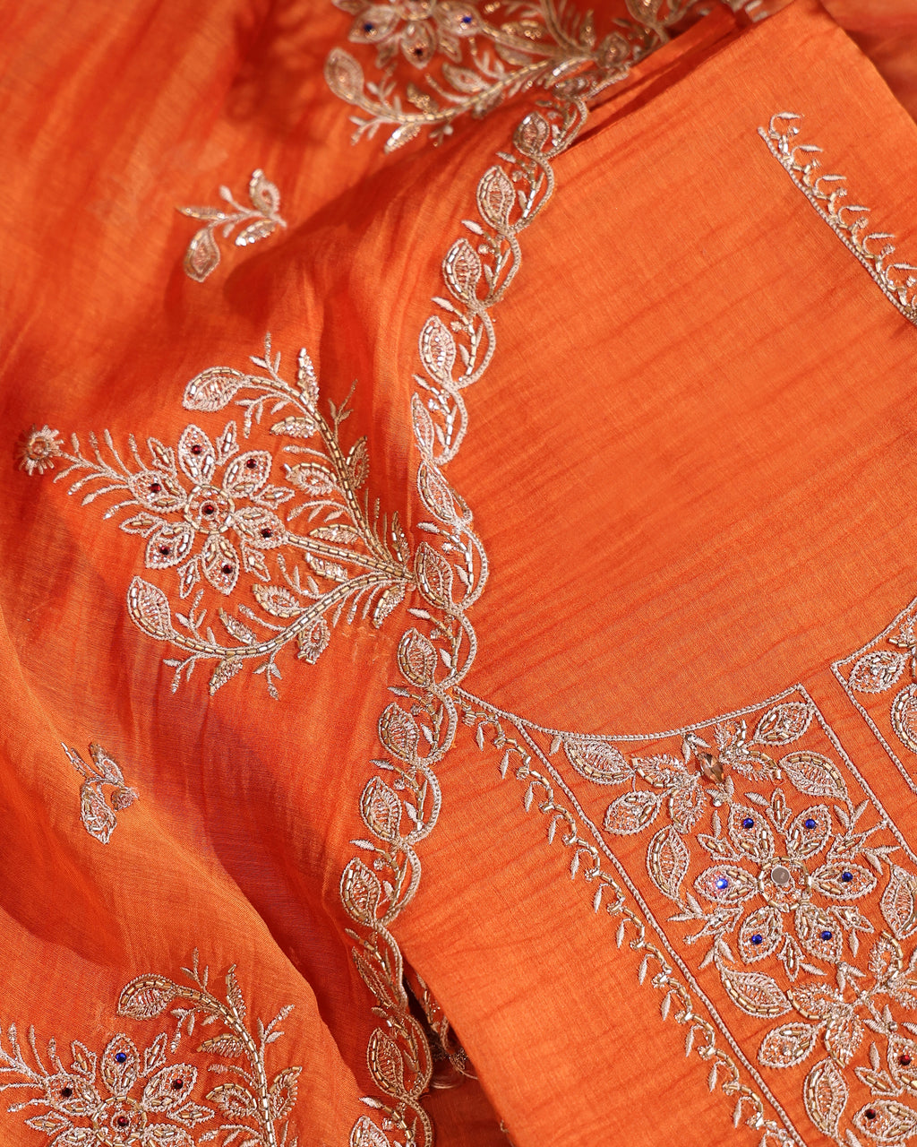Orange Floral Embroidered Mul Cotton Unstitched Suit Set