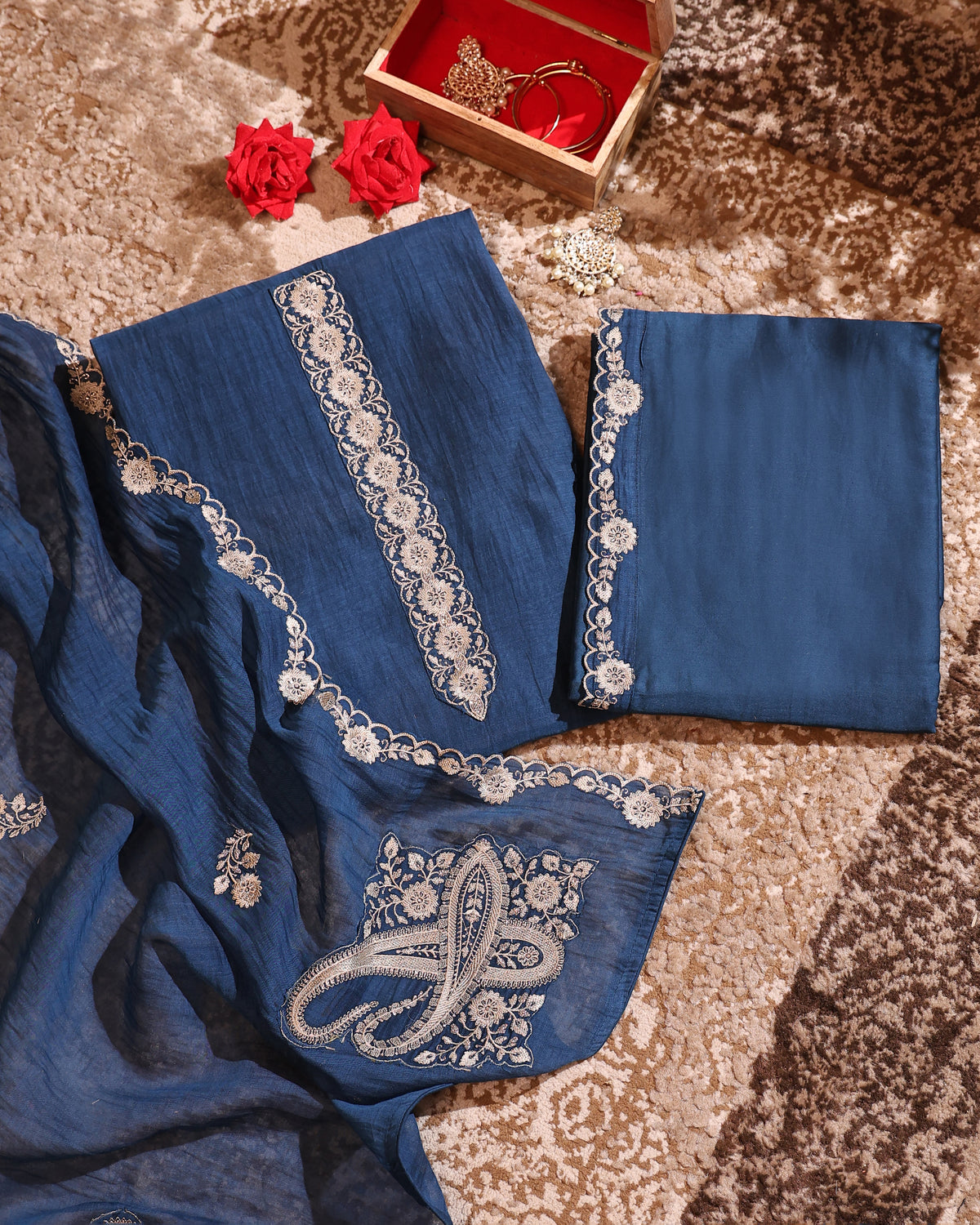 Navy Blue Embroidered Unstitched Suit Set