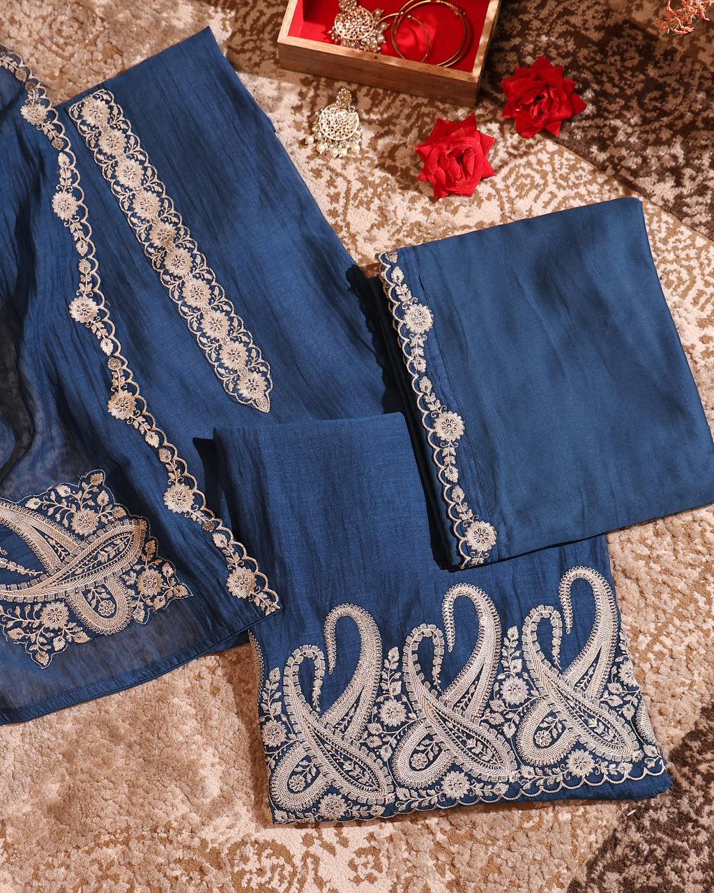 Navy Blue Embroidered Unstitched Suit Set