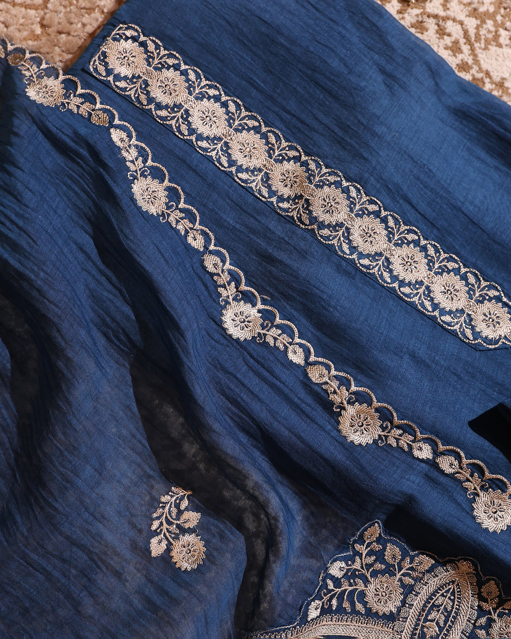 Navy Blue Embroidered Unstitched Suit Set