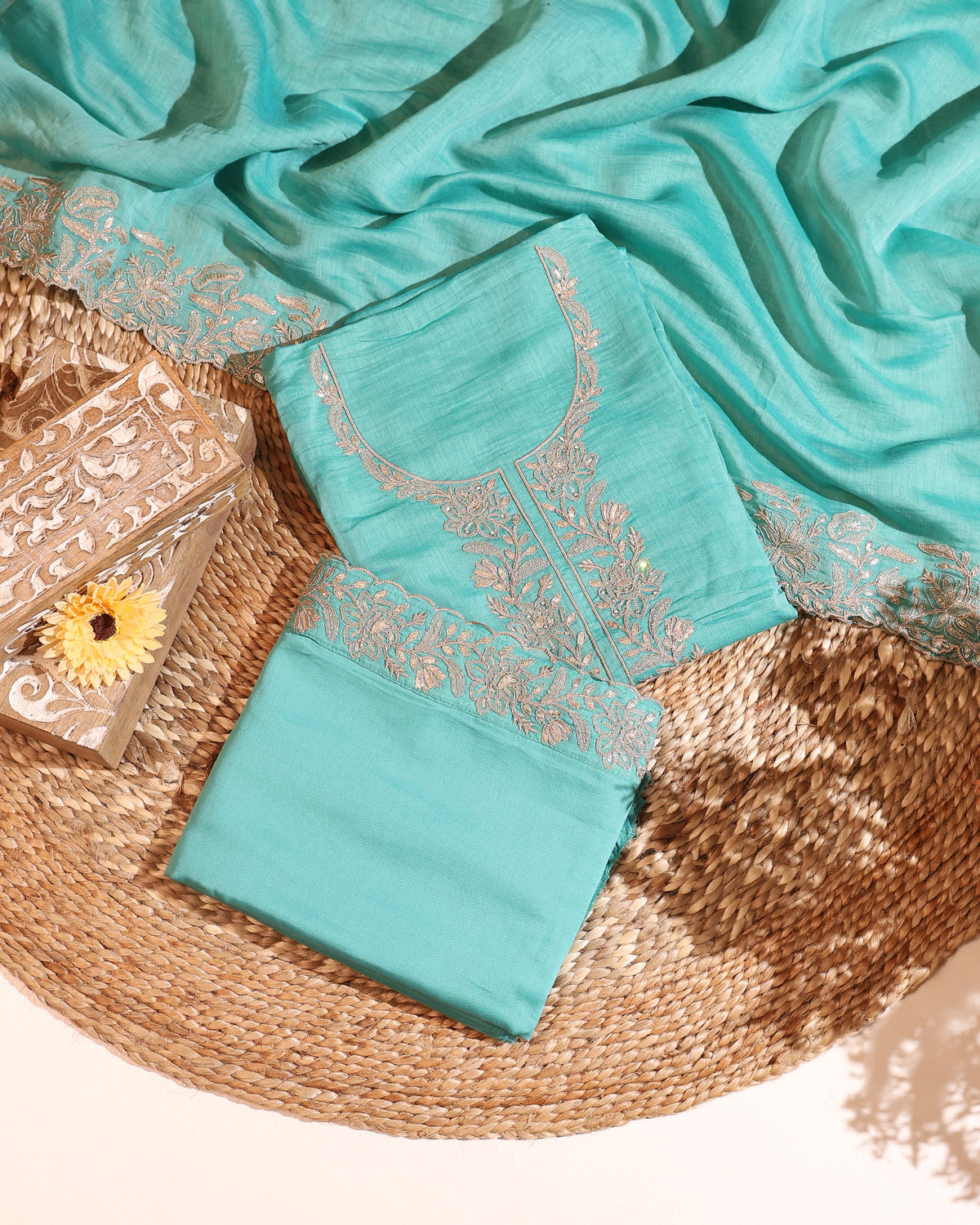 Sky Blue Floral Embroidered Mul Cotton Unstitched Suit Set