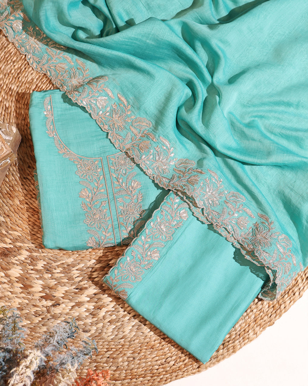 Sky Blue Floral Embroidered Mul Cotton Unstitched Suit Set