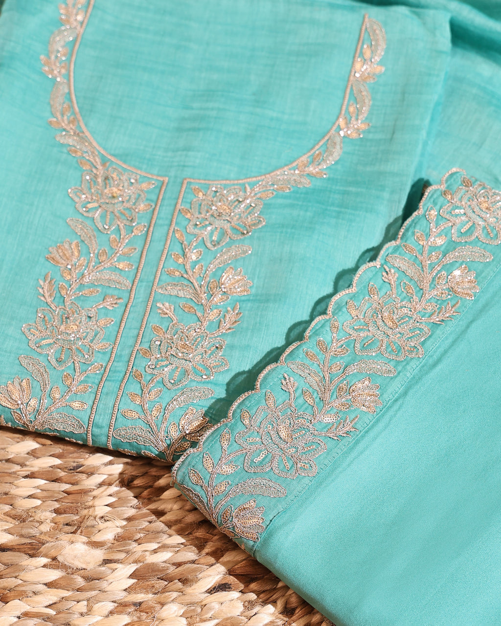 Sky Blue Floral Embroidered Mul Cotton Unstitched Suit Set