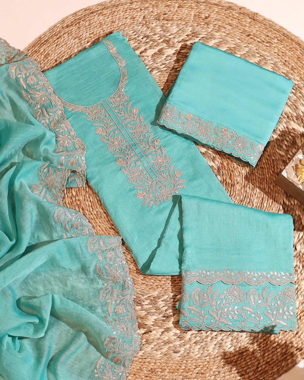 Sky Blue Floral Embroidered Mul Cotton Unstitched Suit Set