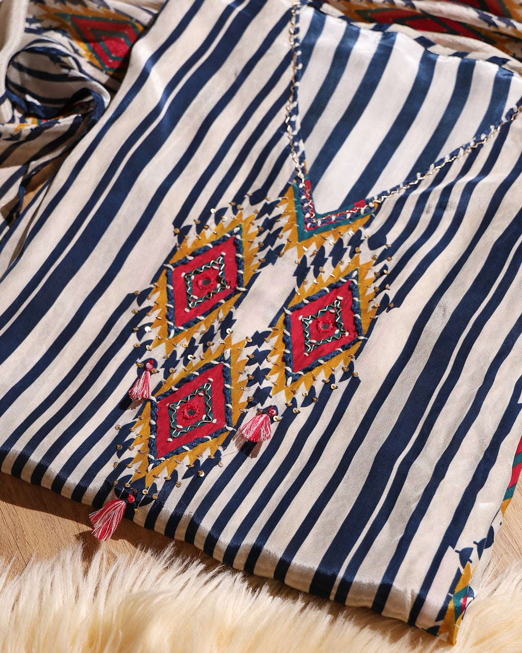 Cream & Navy Printed Embroidered Unstitched Suit Set