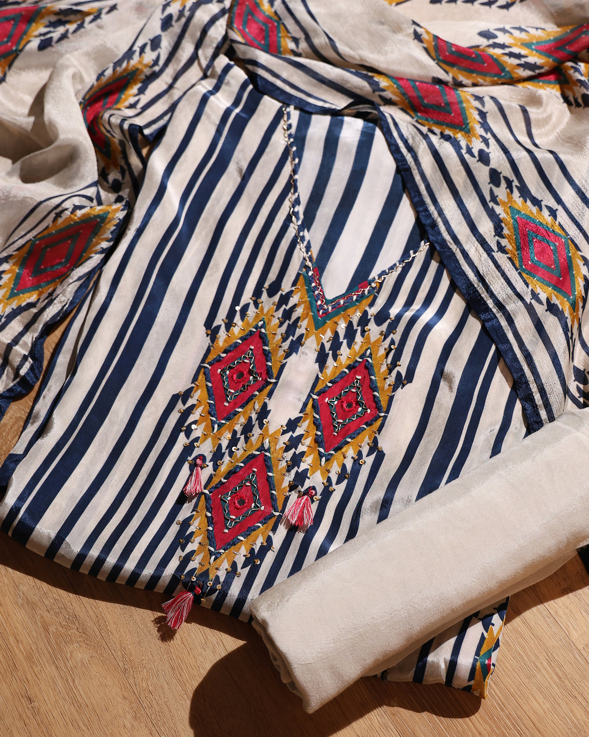 Cream & Navy Printed Embroidered Unstitched Suit Set