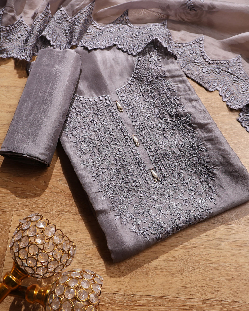 Soft Grey Floral Threadwork Mul Unstitched Suit Set | Dorvahi