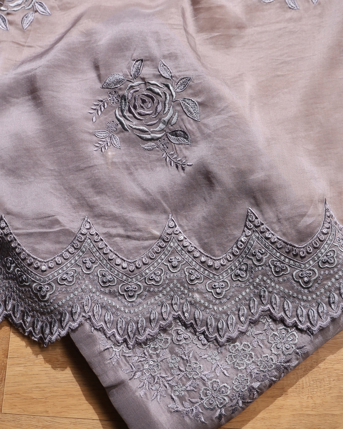 Soft Grey Floral Threadwork Mul Unstitched Suit Set | Dorvahi