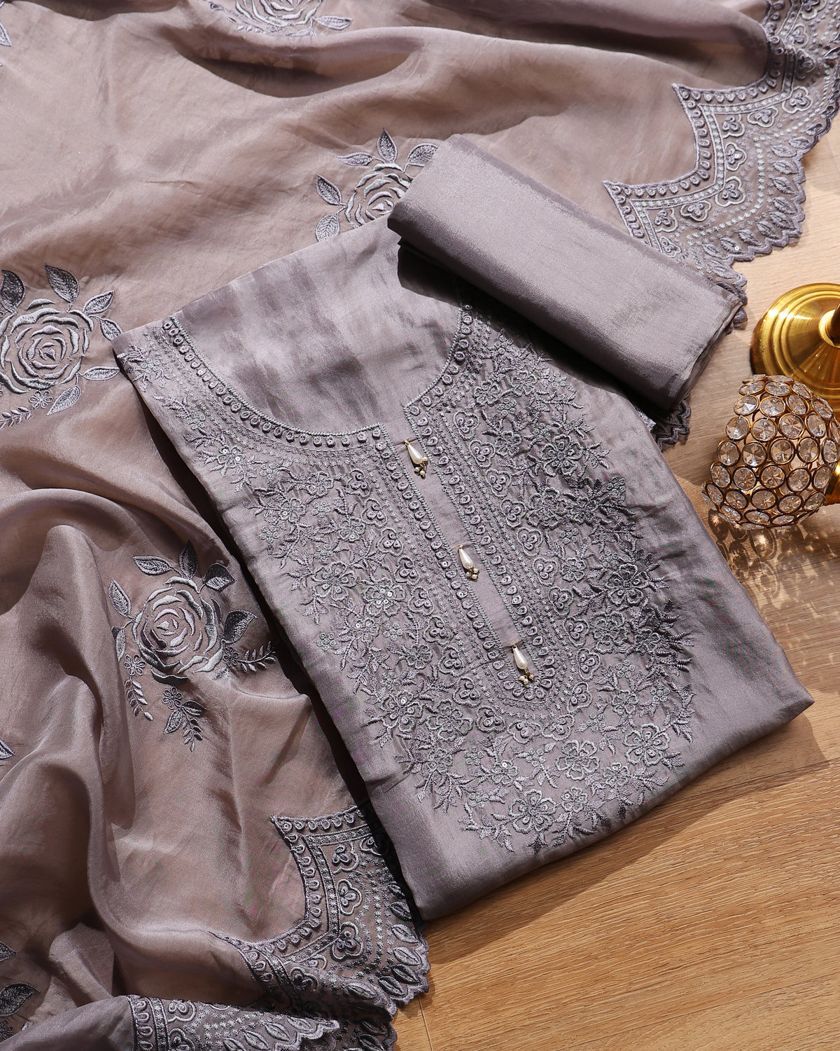 Soft Grey Floral Threadwork Mul Unstitched Suit Set | Dorvahi