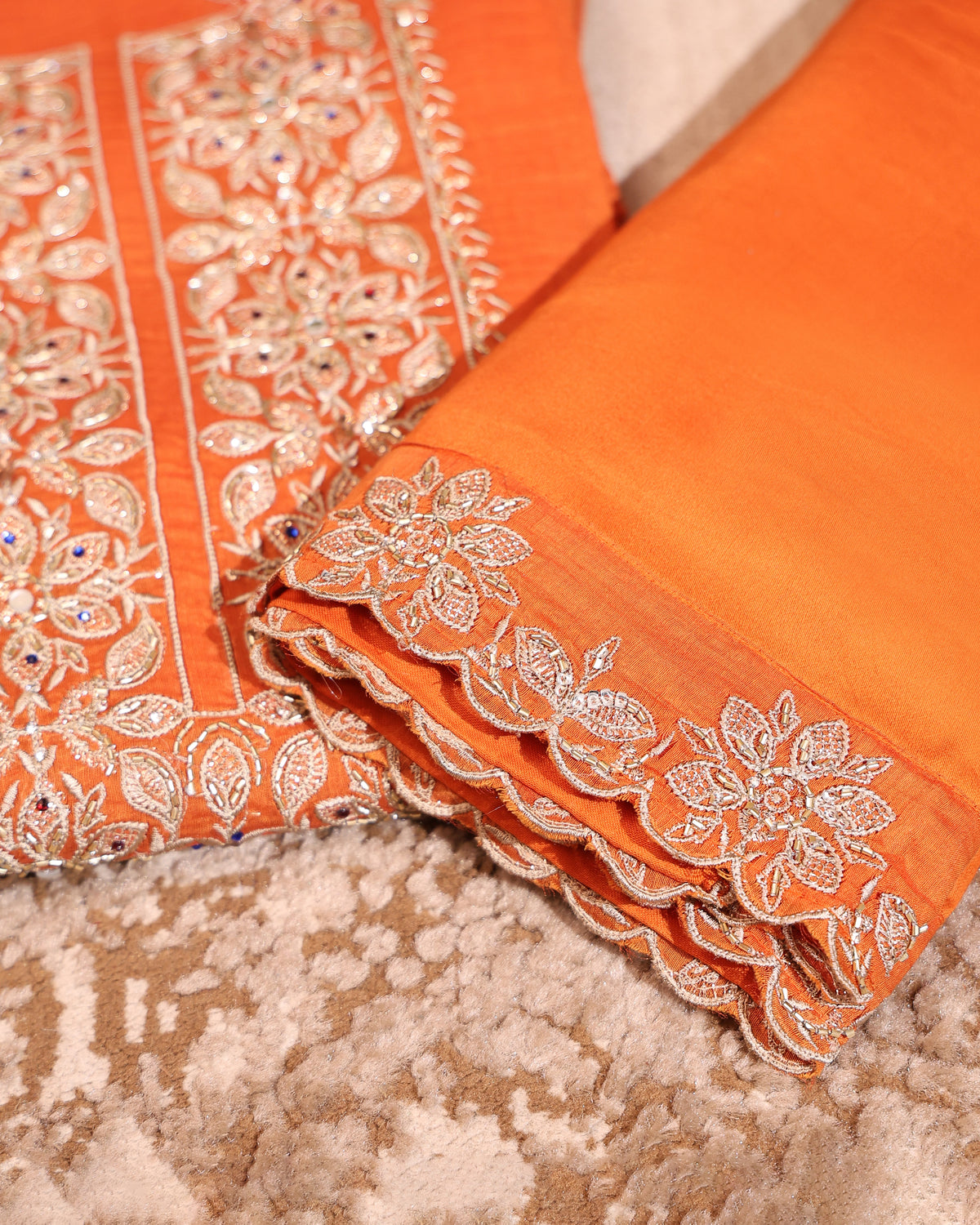 Orange Floral Embroidered Mul Cotton Unstitched Suit Set