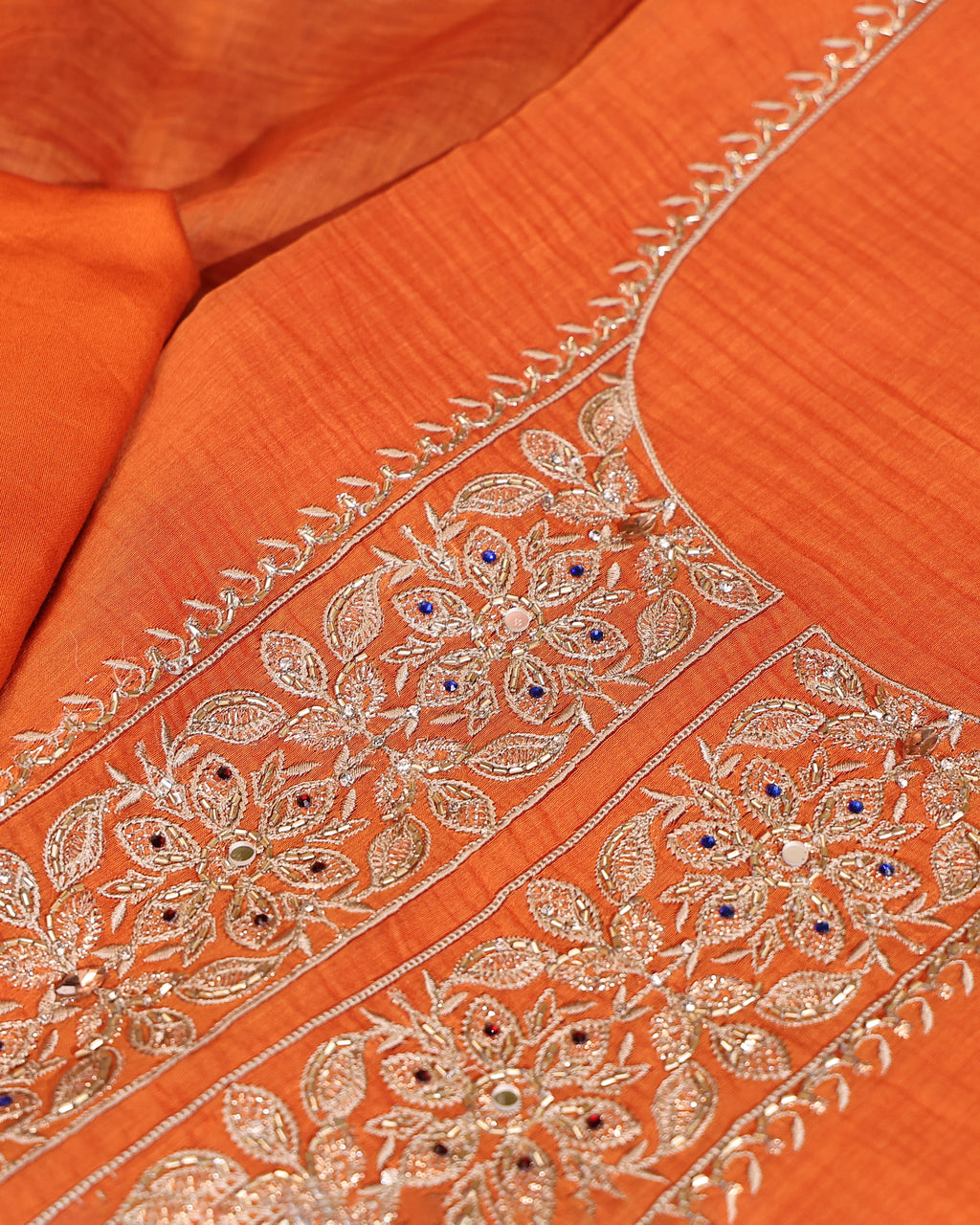 Orange Floral Embroidered Mul Cotton Unstitched Suit Set
