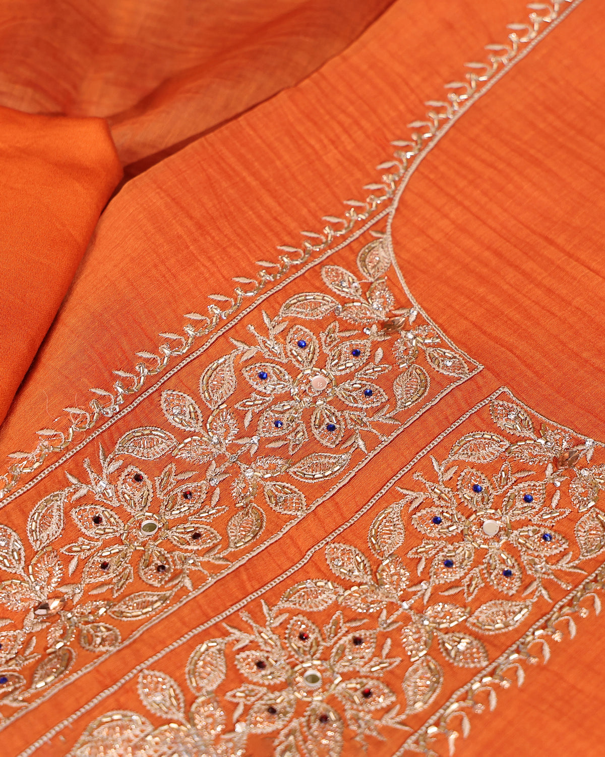 Orange Floral Embroidered Mul Cotton Unstitched Suit Set